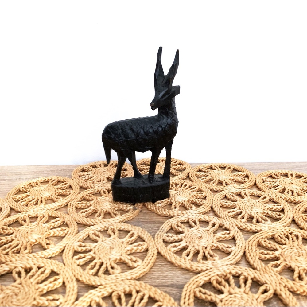 Vintage Black Hand Carved Wood Ibex Figurine Boho Tribal
